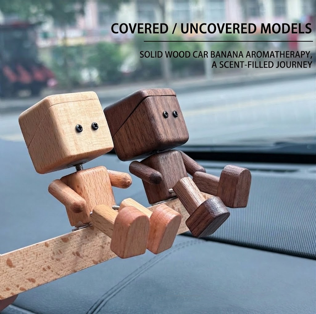 Dymikocosh Handcrafted Solid Wood Robot Car Diffuser - Cute Swinging Leg Shaking Figure - Creative Car Interior Ornament & Gift