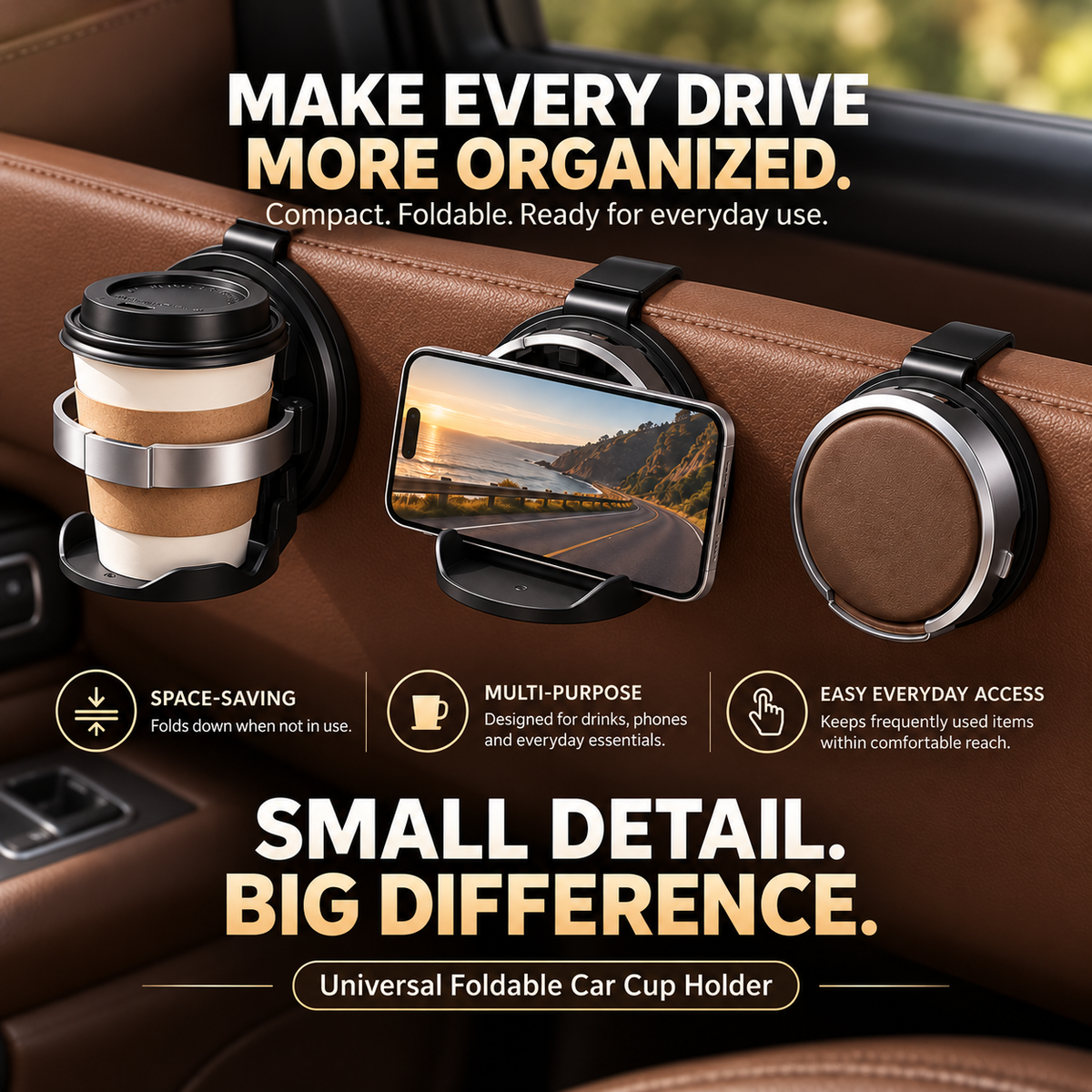 Foldable Car Cup Holder Organizer – Space-Saving Drink Holder with Hook for Bottles, Cups & Tumblers