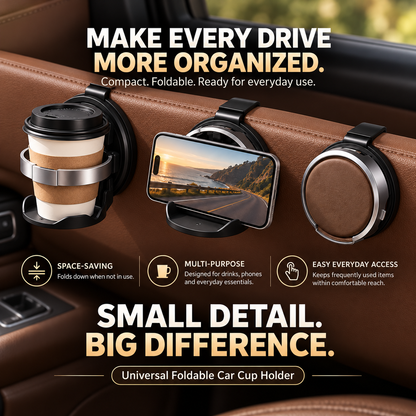 Foldable Car Cup Holder Organizer – Space-Saving Drink Holder with Hook for Bottles, Cups & Tumblers