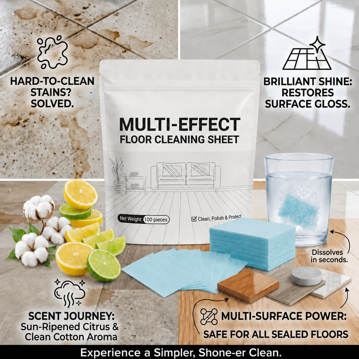 Multiple Effect The Floor Clean Tablets for Mopping, Quick Shine Cleaner