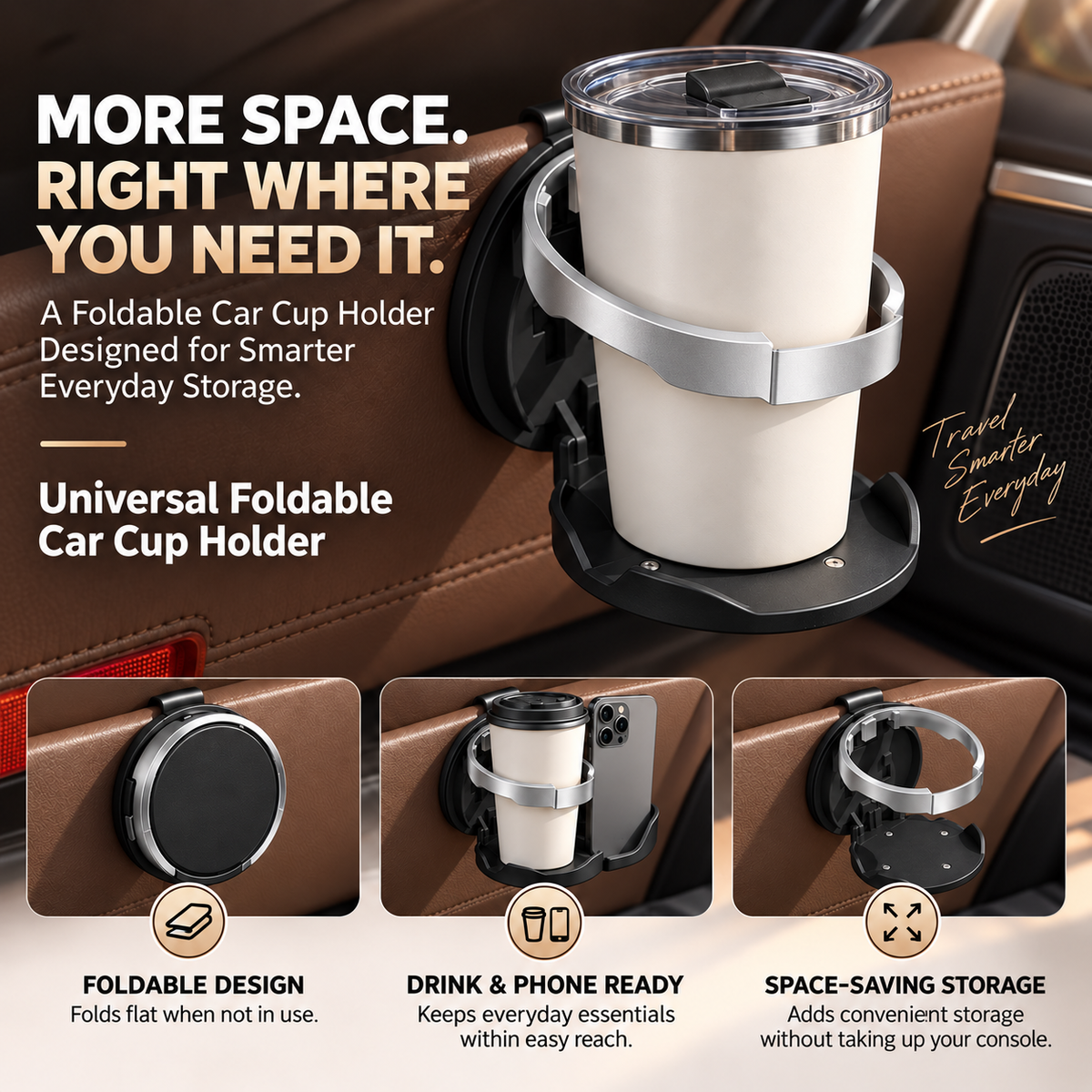 Foldable Car Cup Holder Organizer – Space-Saving Drink Holder with Hook for Bottles, Cups & Tumblers
