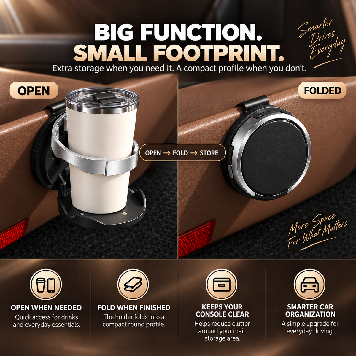 Foldable Car Cup Holder Organizer – Space-Saving Drink Holder with Hook for Bottles, Cups & Tumblers