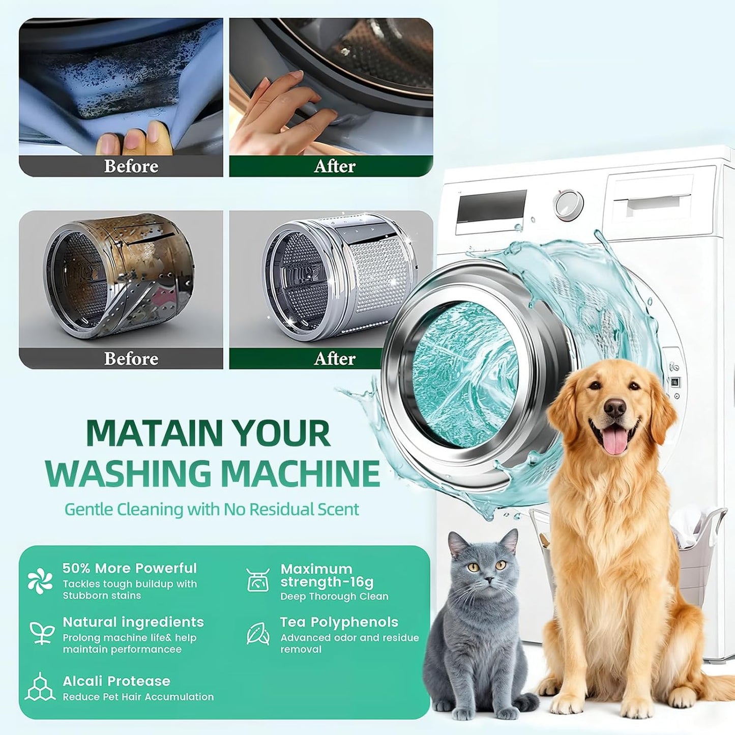 🧼 50% OFF TODAY!✨ 12 Tablets Washing Machine Cleaner – Powerful Pet Hair & Odor Removal 🐱