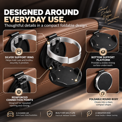 Foldable Car Cup Holder Organizer – Space-Saving Drink Holder with Hook for Bottles, Cups & Tumblers