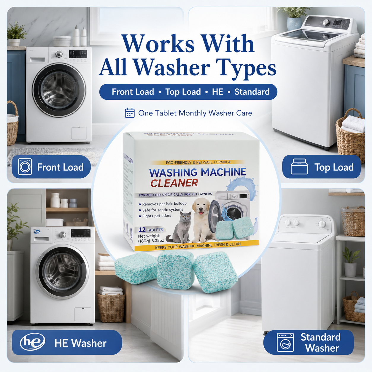 🧼 50% OFF TODAY!✨ 12 Tablets Washing Machine Cleaner – Powerful Pet Hair & Odor Removal 🐱
