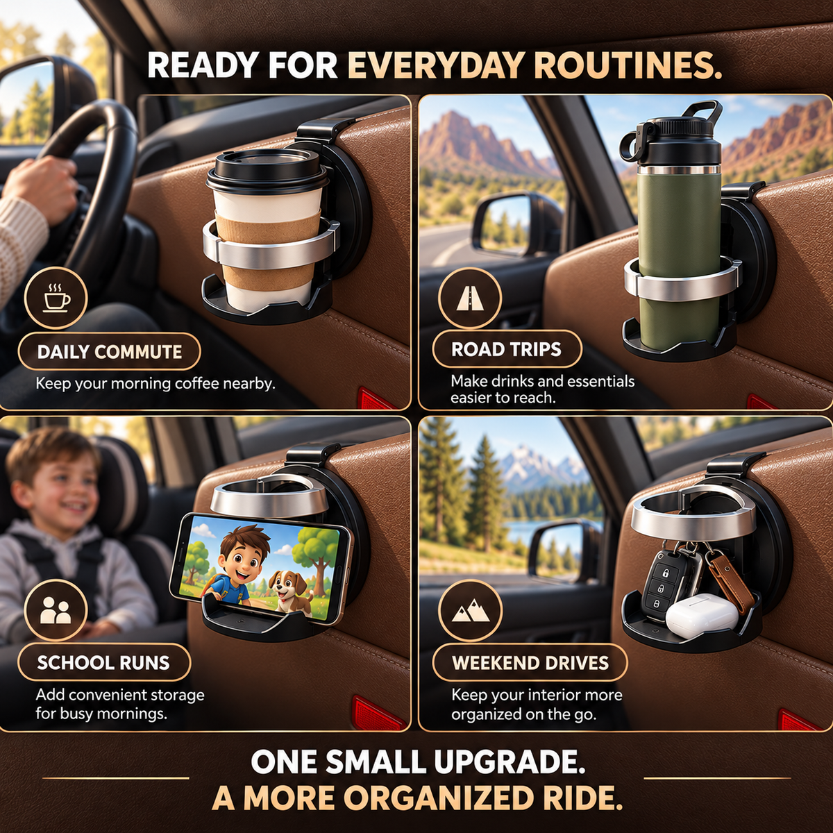 Foldable Car Cup Holder Organizer – Space-Saving Drink Holder with Hook for Bottles, Cups & Tumblers