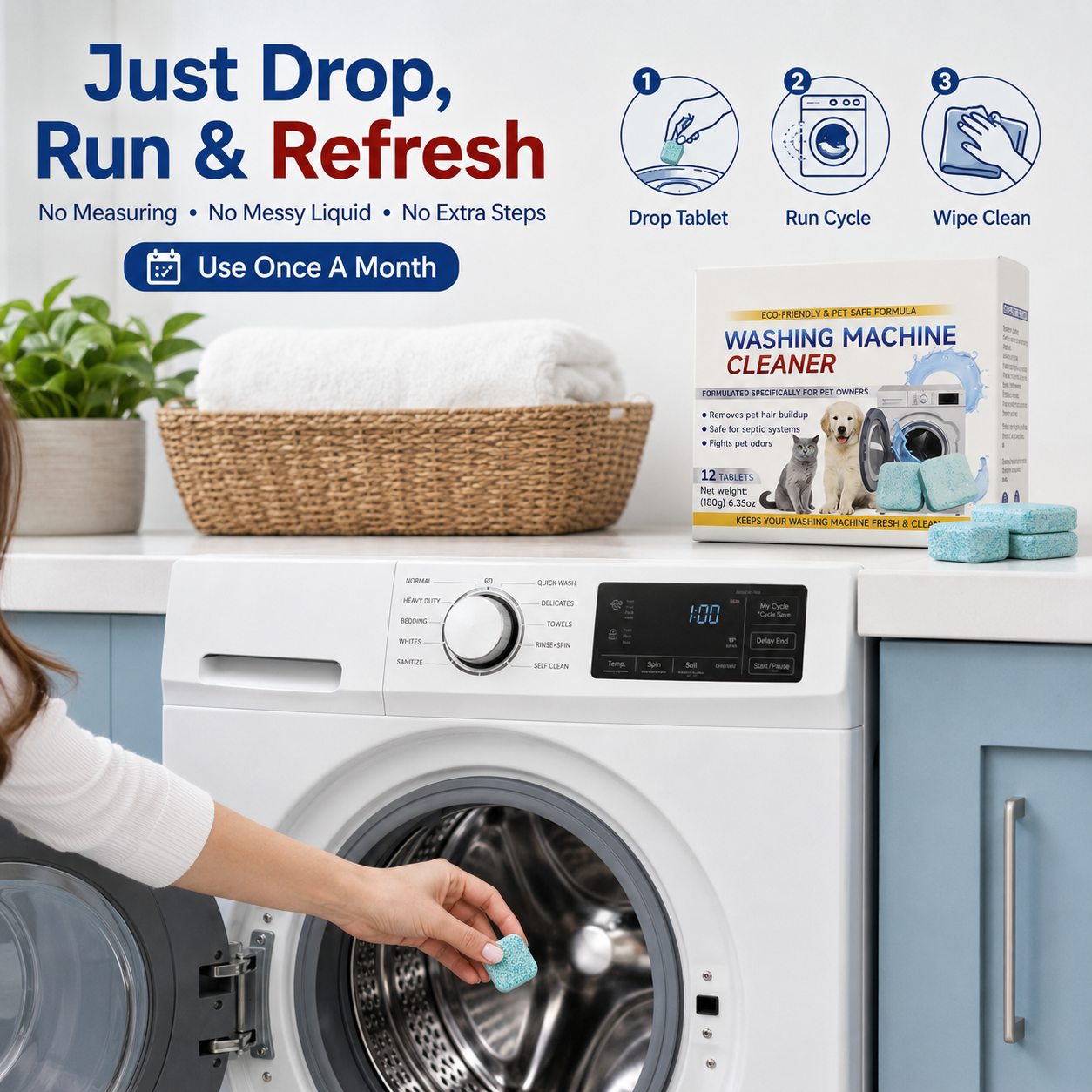 🧼 50% OFF TODAY!✨ 12 Tablets Washing Machine Cleaner – Powerful Pet Hair & Odor Removal 🐱