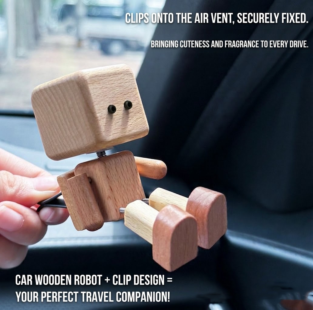 Dymikocosh Handcrafted Solid Wood Robot Car Diffuser - Cute Swinging Leg Shaking Figure - Creative Car Interior Ornament & Gift
